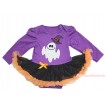 Halloween Dark Purple Long Sleeve Bodysuit Black Orange Pettiskirt & Sparkle Hat White Ghost Print JS4752